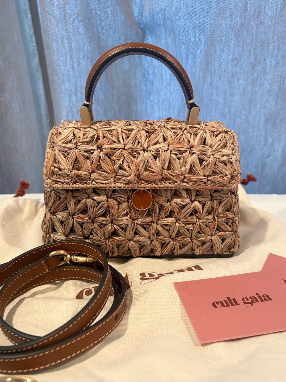 Cult Gaia Nano Sybil Crossbody in Hand-Crocheted Raffia W/ Leather